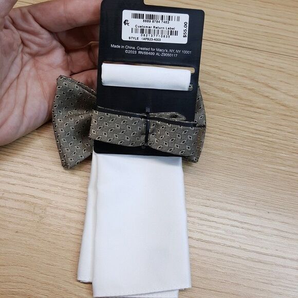 ALFANI Mens Bow Tie & Pocket Square Taupe Diamond Geometric Micro Pre-Tied - Picture 3 of 4